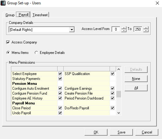 Screen to enable Pension menu 